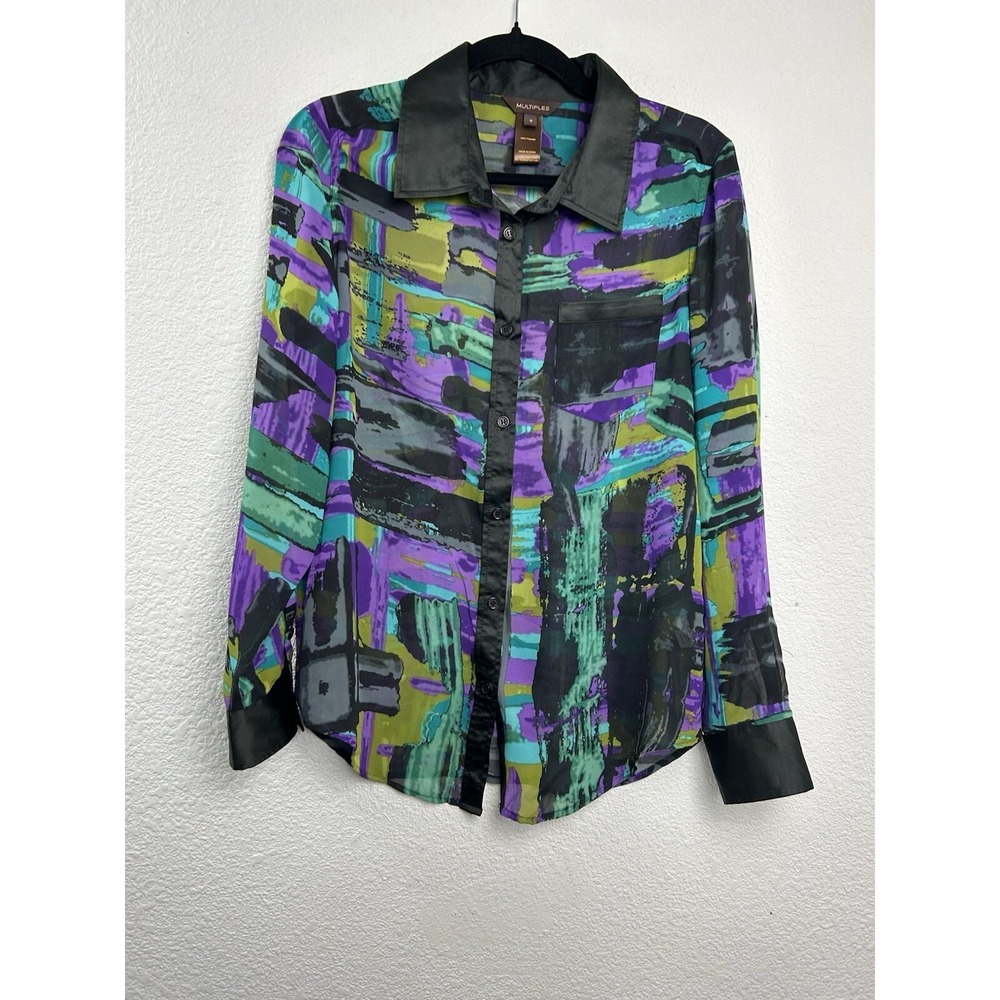 Multiples Abstract Brushstroke Blouse S Multicolor Satin Trim Whimsigoth Art